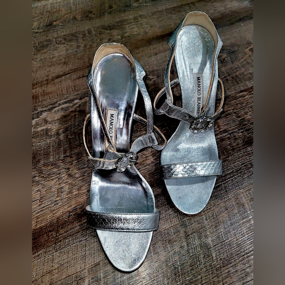 Manolo Blahnik Ladies Stilletto Sandal Rhinestone Shoes Silver Wedding Sz 40